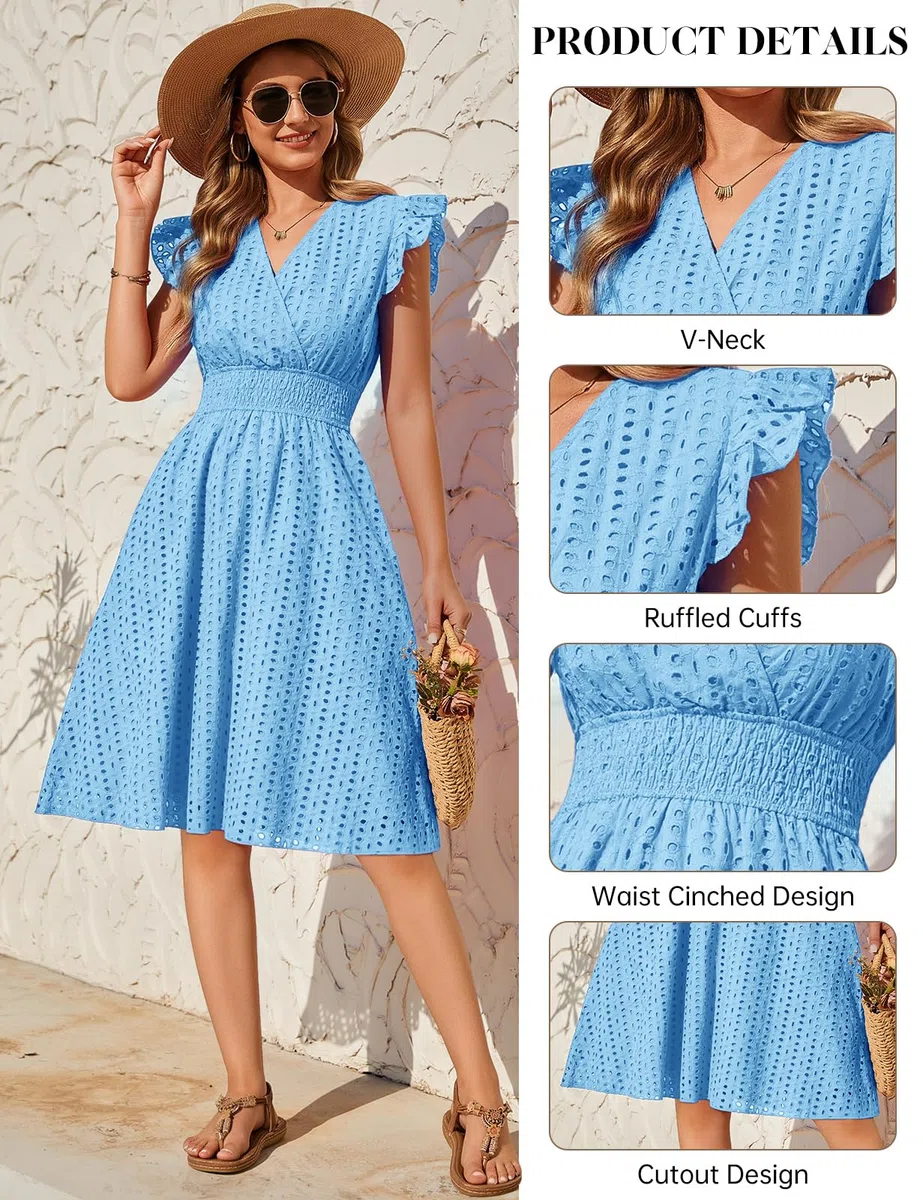 Abito Estivo Donna Scollo a V Vestito Donna Cotone Senza Maniche con Volant Elegante Vestiti Estivi Corti Jacquard Leggero Abiti Vita Alta Mare da Spiaggia con Tasche Casual Moda