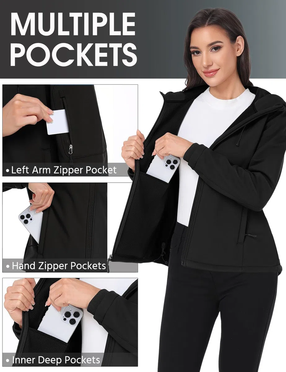 Vancavoo Giacca da Donna Softshell Cappotto e Cappuccio Giubbotto Antivento Impermeabile Sportiva Trekking Outdoor Giacca a Vento Trench All'aperto