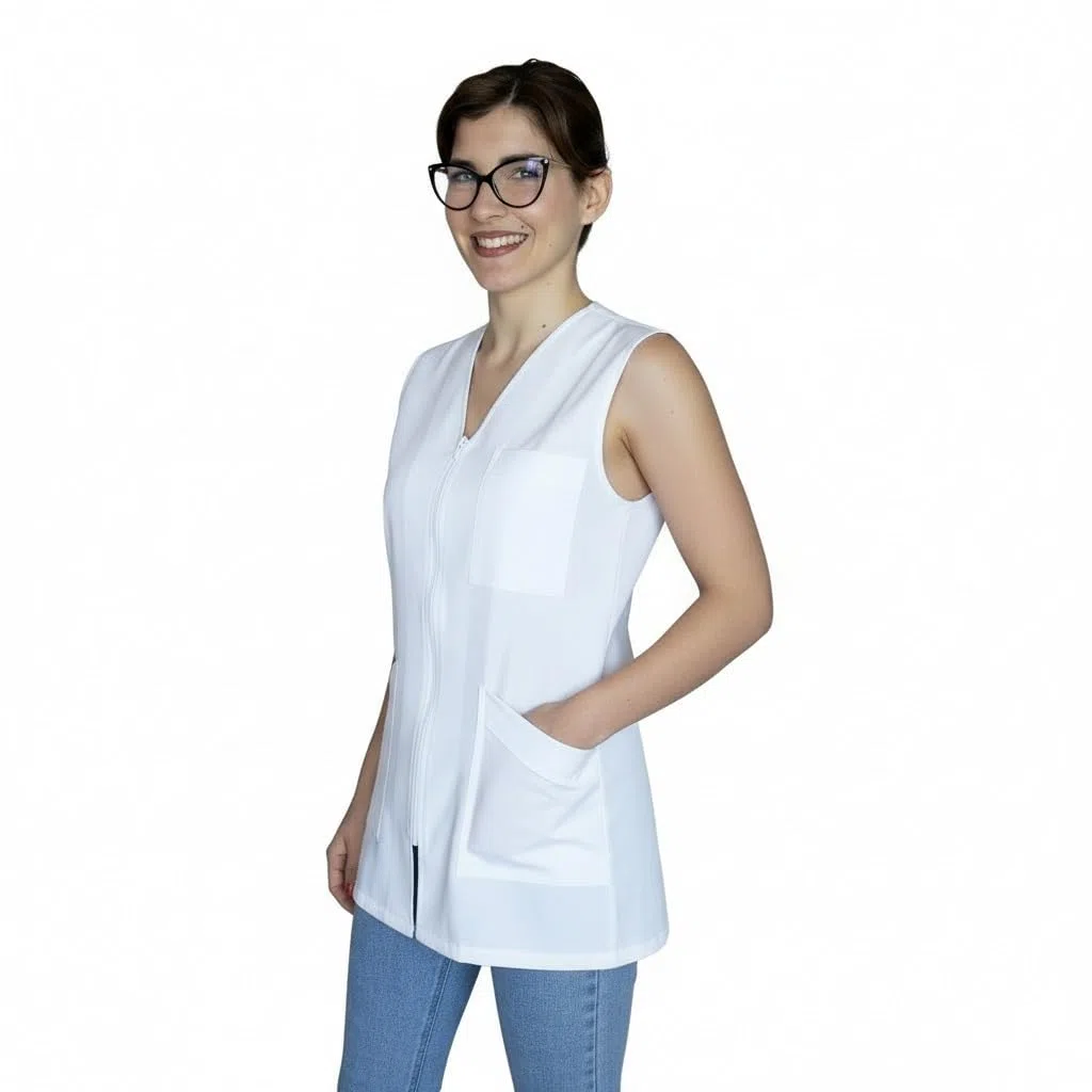 Casacca Donna con Zip, Senza Maniche, con Tasche, Bianco e Nero