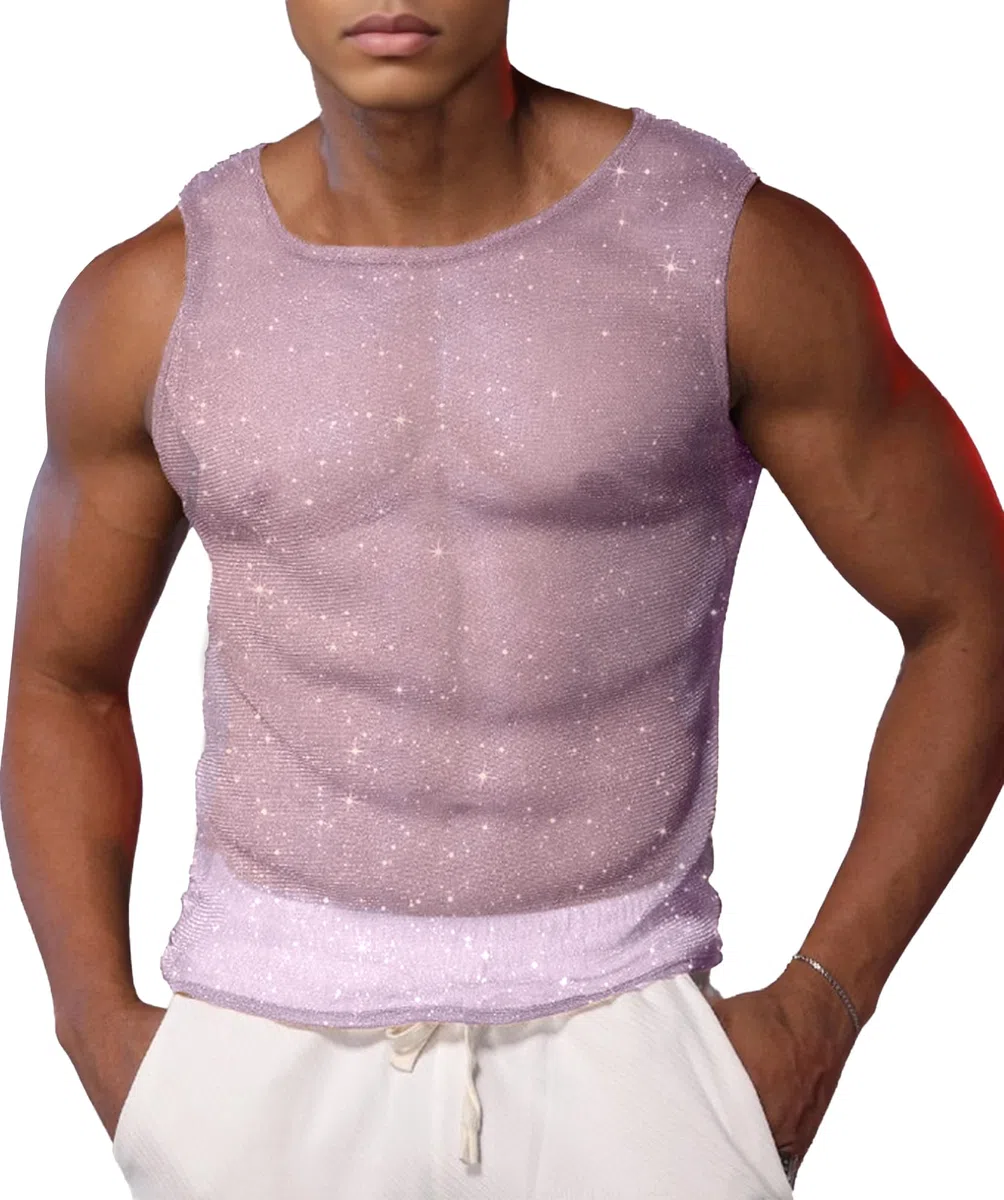 AIEOE Canottiera da uomo con brillantini, in rete trasparente, per la palestra, per il clubwear