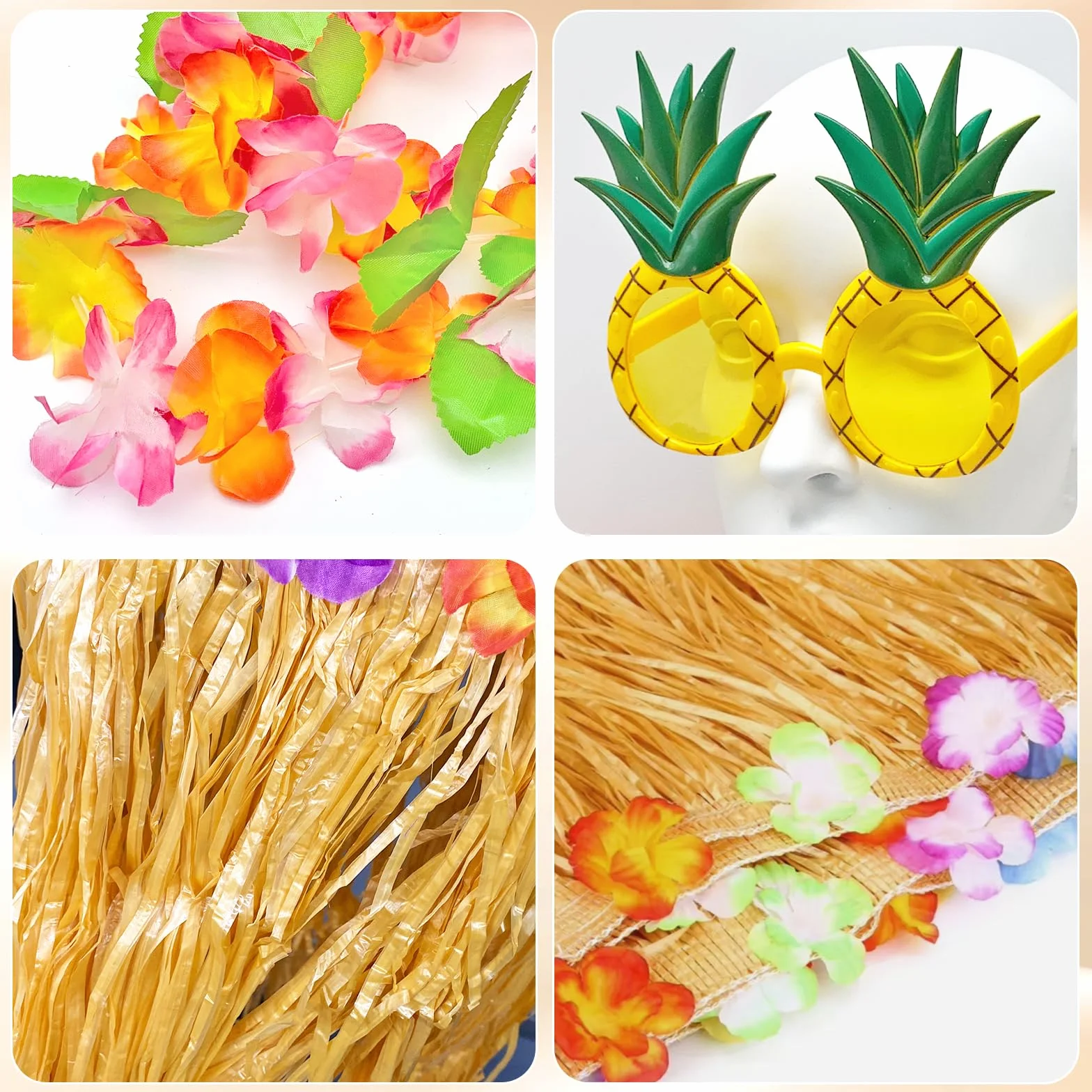 6 decorazioni hawaiane Leis per feste, collane con fiori, bracciali, fascia per capelli, occhiali da ananas, gonna hawaiana per adulti, travestimento per feste in spiaggia, feste notturne e