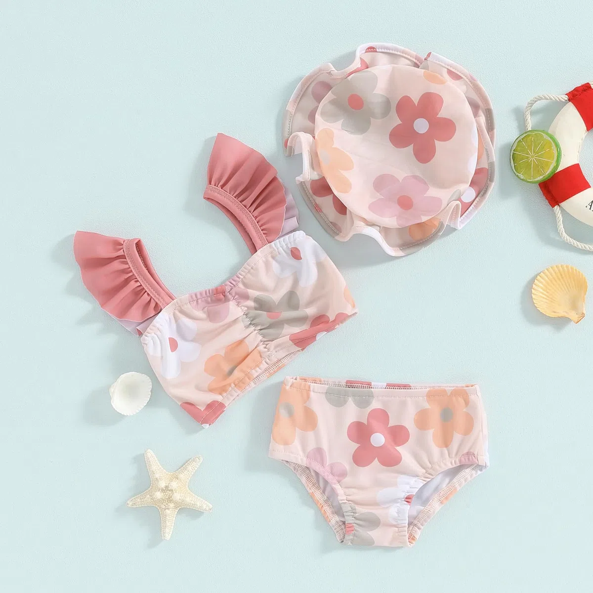 Carolilly Costume da Bagno Neonata 3 Pezzi Bikini Bambina Stampa Floreale Swimsuit Top con Maniche Volant+Pantaloncini da Bagno+Cappello da Bagno