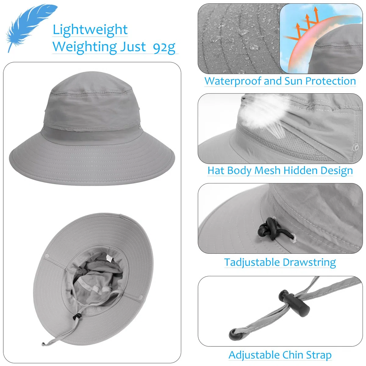 Cappello da Sole Uomo Boonie Estivo Pescatore Safari Cappello Anti UV Tesa Larga Mesh Traspirante Bucket Hat Impermeabile Leggero Pieghevole