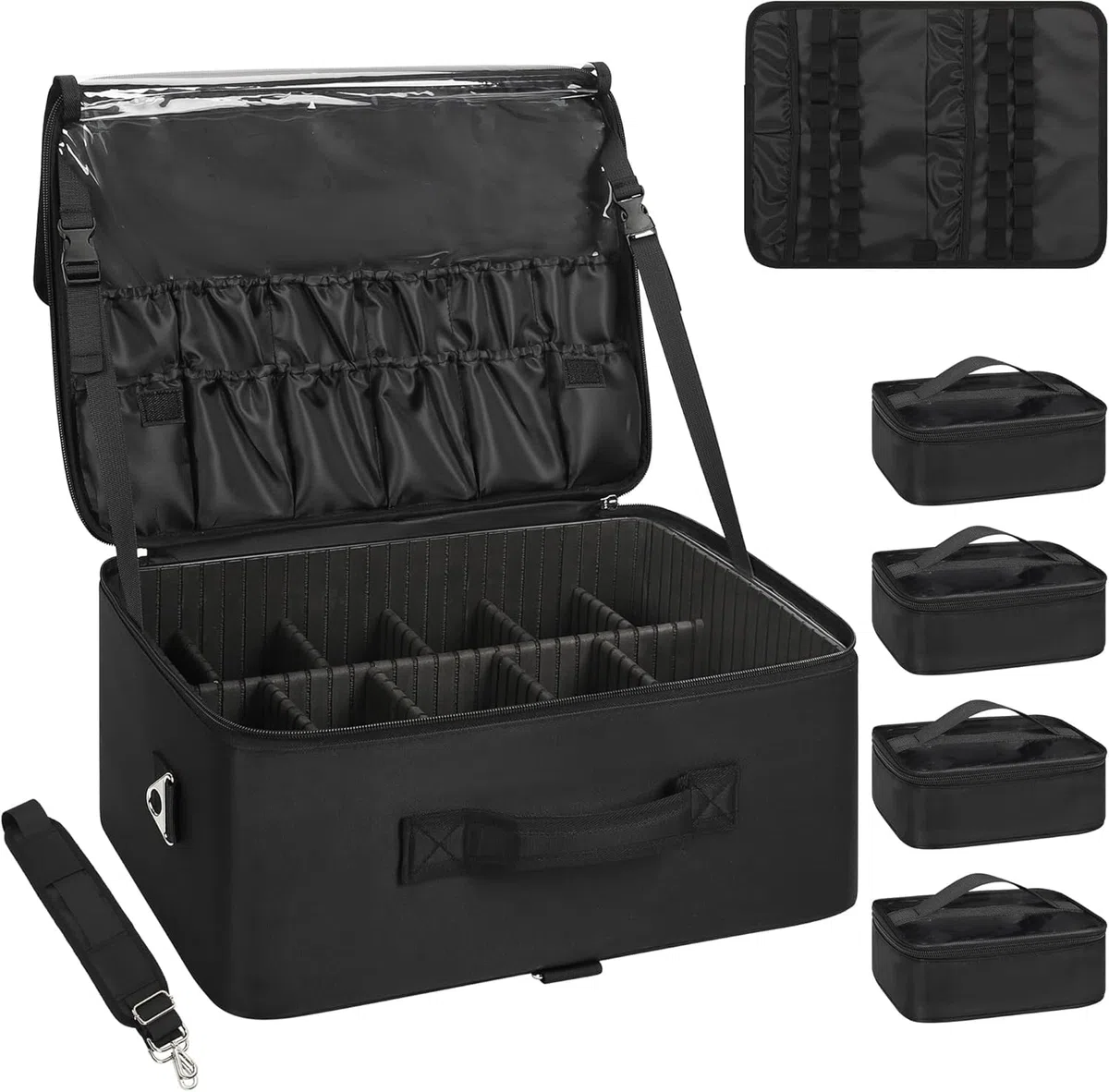 Relavel Valigetta da trucco XXL professionale organizer portapennelli 4 tasche trasparenti piastra rossetto tracolla scomparti regolabili