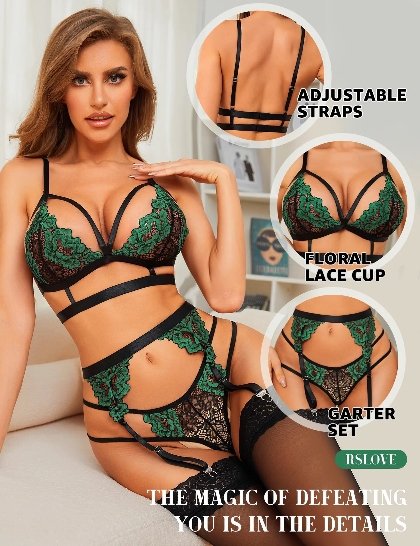 RSLOVE Set di Biancheria Intima da Donna Body con Cinturino in Pizzo Teddy con Reggicalze Set Reggiseno e Slip Sexy