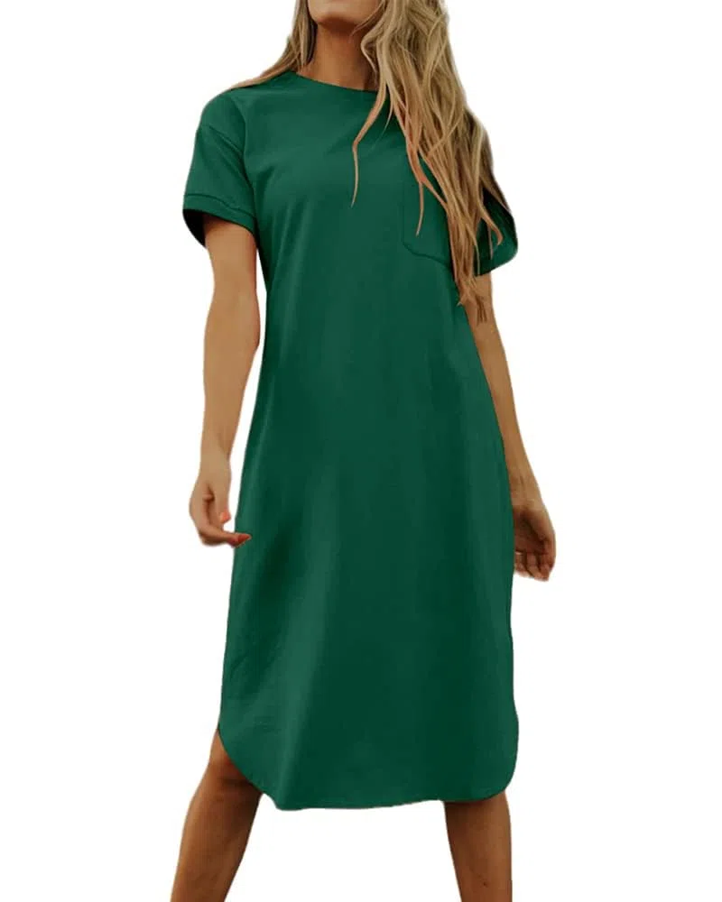 Imily Bela Abito estivo da donna, in cotone, a maniche corte, girocollo, mini abito casual con tasche.