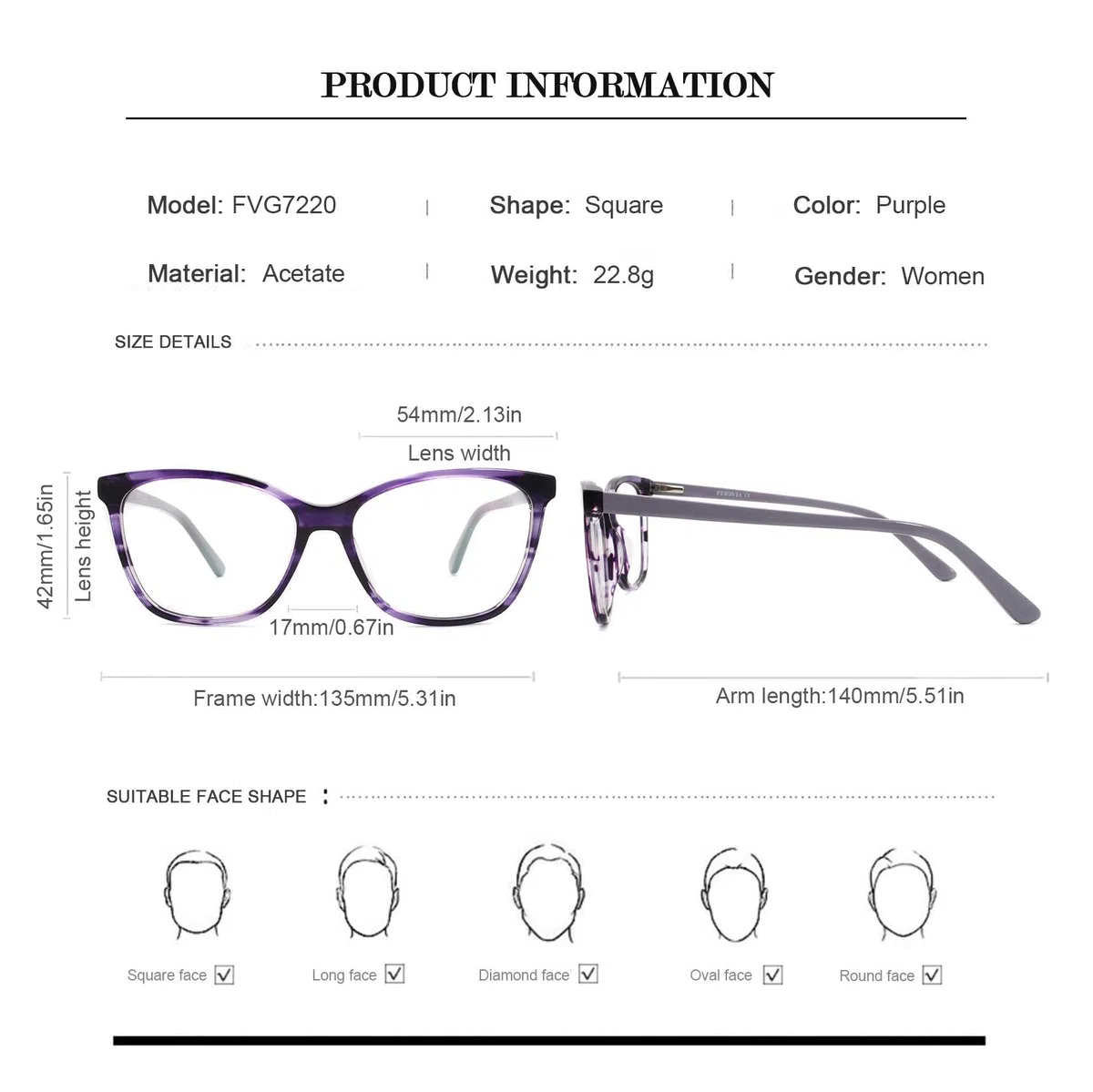 Eleganti occhiali da vista classici da donna con lenti trasparenti ottiche quadrate in acetato lucido senza prescrizione