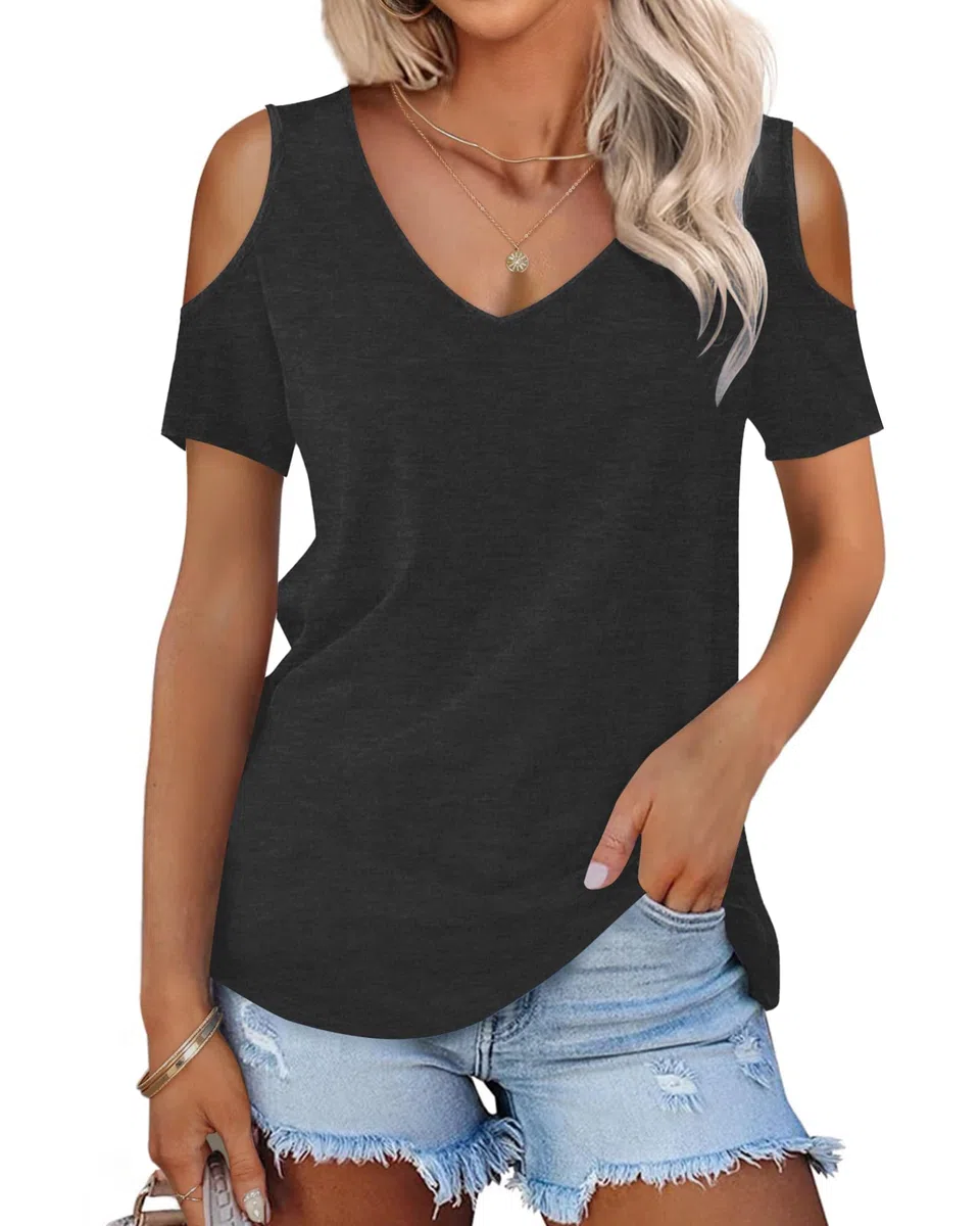 WNEEDU Magliette Donna Estive Manica Corta T Shirt con Scollo a V Senza Spalline Top Maglia Elegante