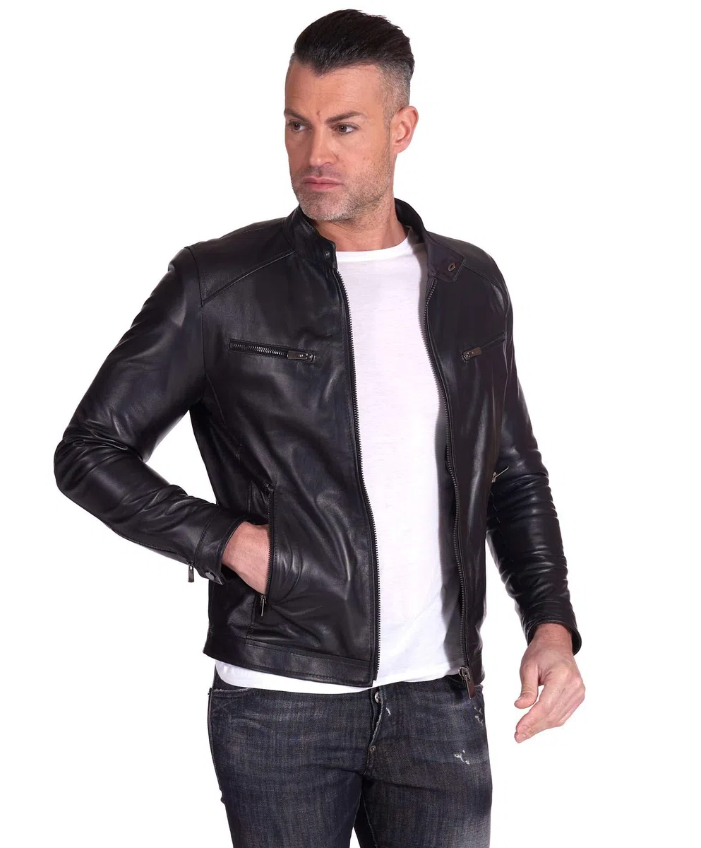 D'Arienzo Giacca Pelle Marrone Uomo Giubbino Moto Vera Pelle Made in Italy Hamilton