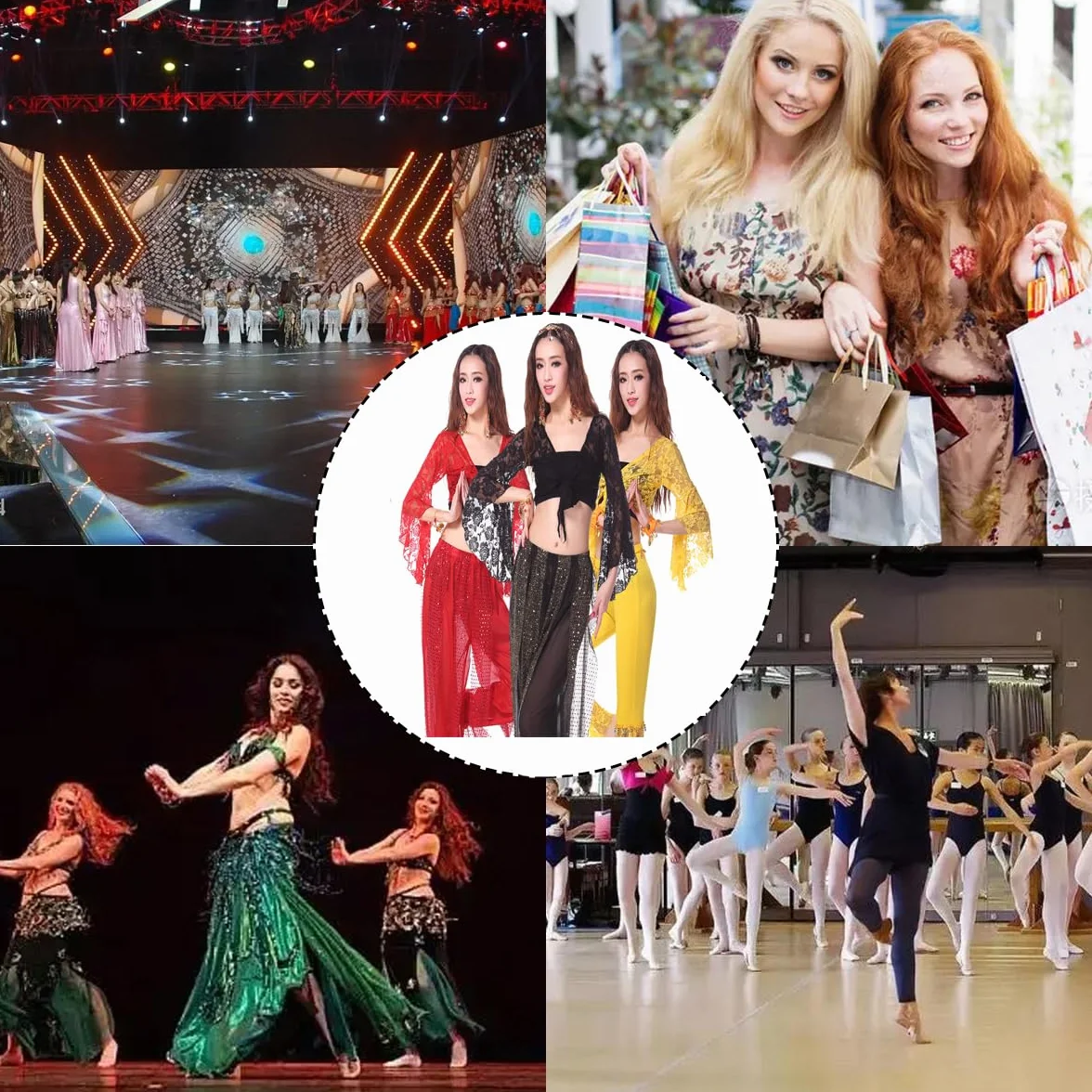 Top da donna per danza del ventre, top avvolgente con maniche svasate a 3/4, top corto con scialle floreale fasciato con nodo per abbigliamento da ballo, top corto con farfalle in pizzo per danza