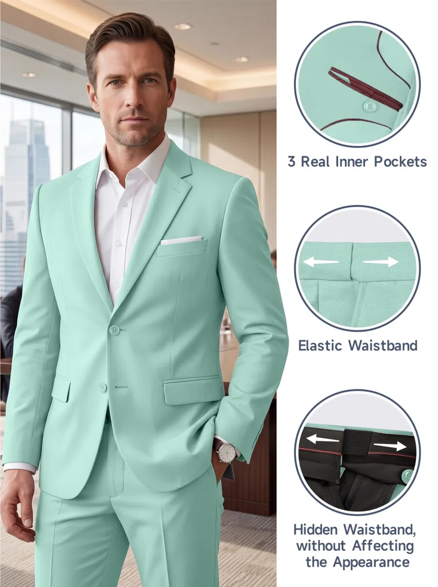 Completo da uomo slim fit, 2 pezzi, con risvolto dentellato a due bottoni, tinta unita, giacca e pantaloni, set smoking per ballo di fine anno