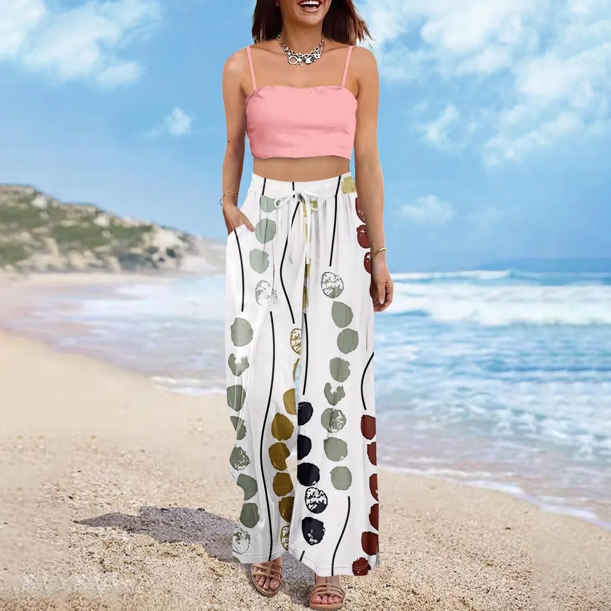 Petite - Pantaloncini da spiaggia a vita alta, a gamba larga, da donna, estivi, in morbido misto lino, per passeggiate in resort e mare