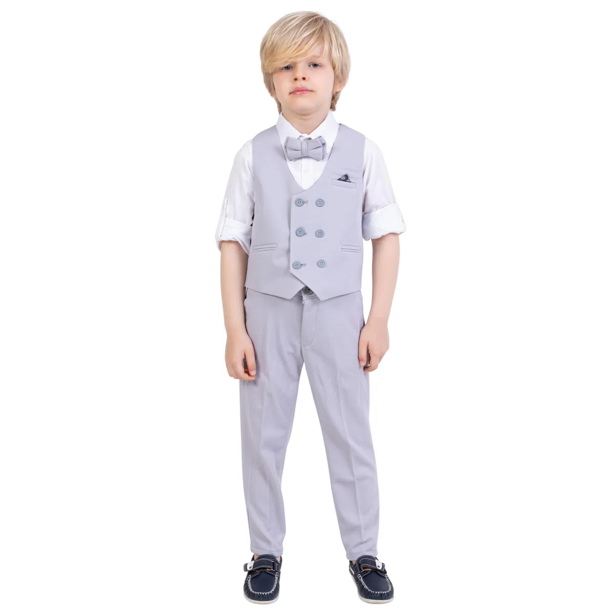 Gilet per ragazzi | Set di 4 pezzi camicia, pantaloni, gilet e papillon | Abbigliamento formale e per feste per ragazzi di età compresa tra 1 e 13 anni