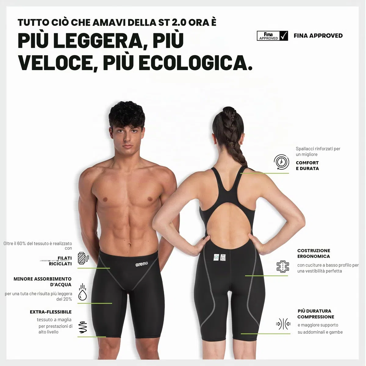 Arena Powerskin ST Next Intero Donna, Costume da Gara Approvato FINA, Nuoto in Tessuto Riciclato, Foderato con Spalline Rinforzate
