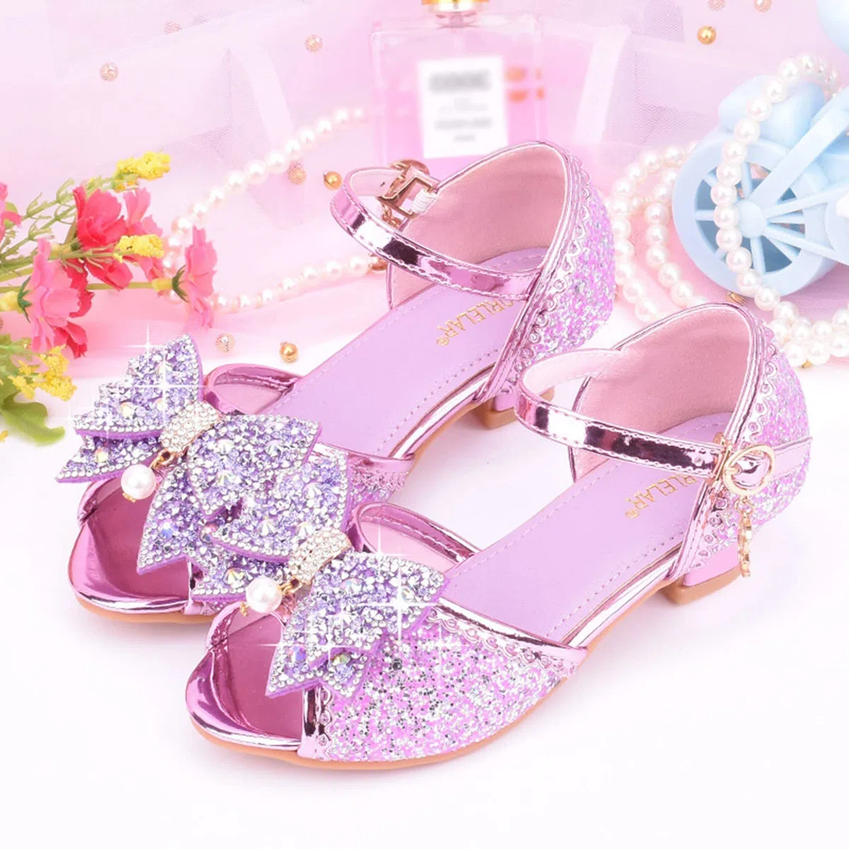 duaicnvow Scarpe Principessa Bambina Sandali Bimba Tacco Scarpe Glitterate Bowknot Tacchi Bassi Ragazza Sandalo Cosplay Matrimonio con Paillettes Sandali Eleganti Bambina per Cerimonia Festa