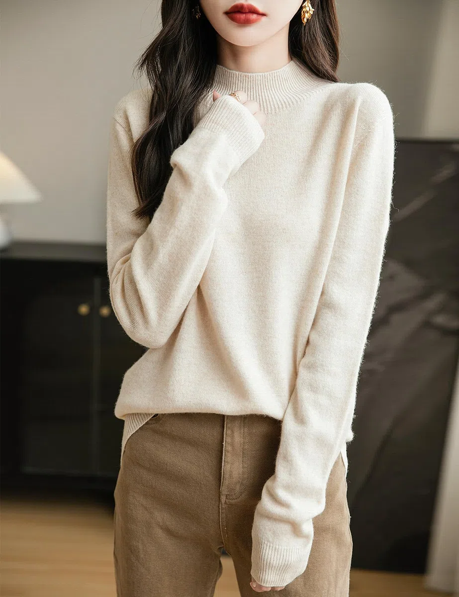 Chanyarn Maglione da Donna in 100% Lana Merino Collo Alto Demi Lavorato a Maglia Senza Cuciture a Maniche Lunghe