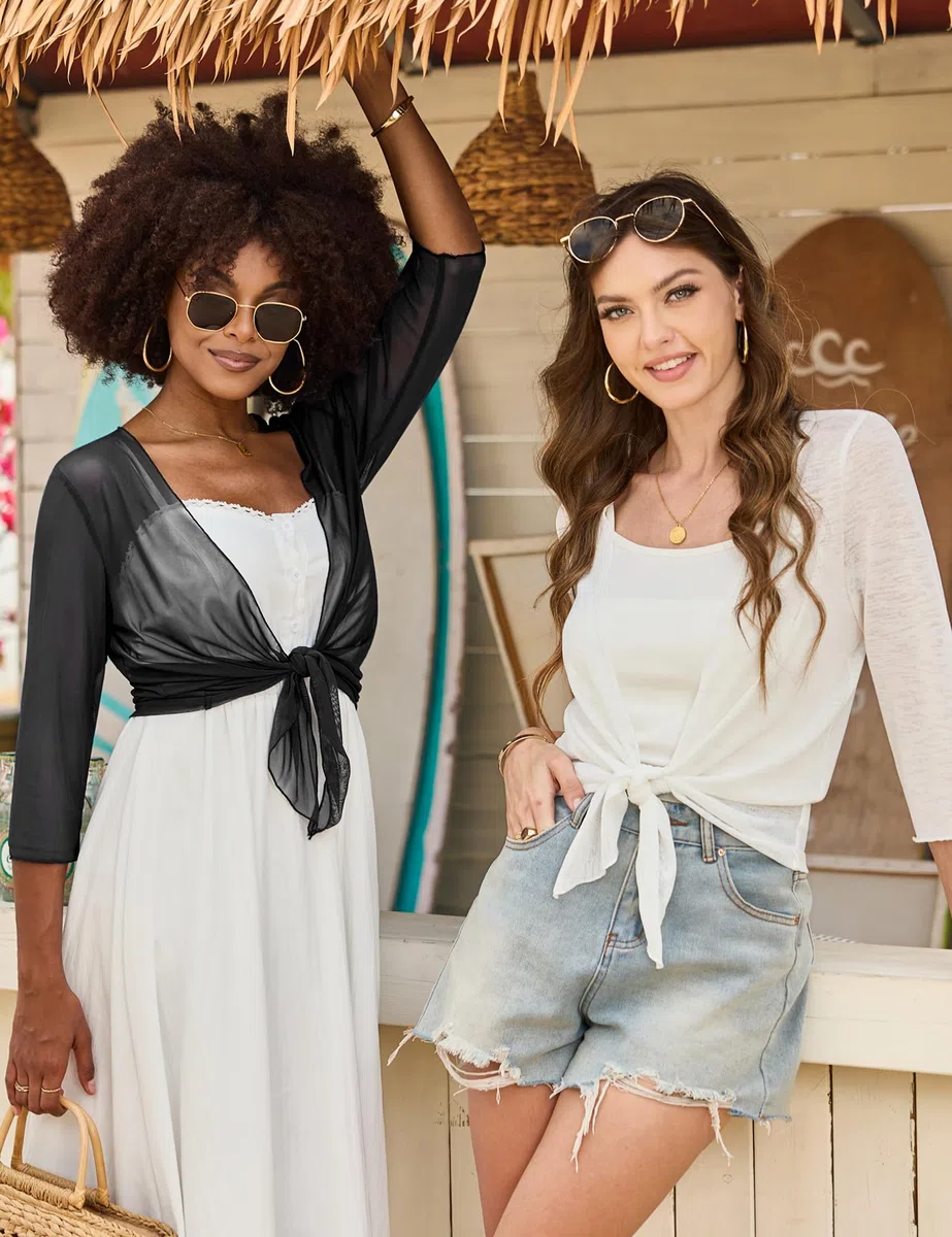 Gyabnw Donna Bolero 3/4 Maniche Giacca Estiva Leggera Elegante Cardigan Trasparente Aperto sul Davanti Copricostumi Mare Party Vacanze