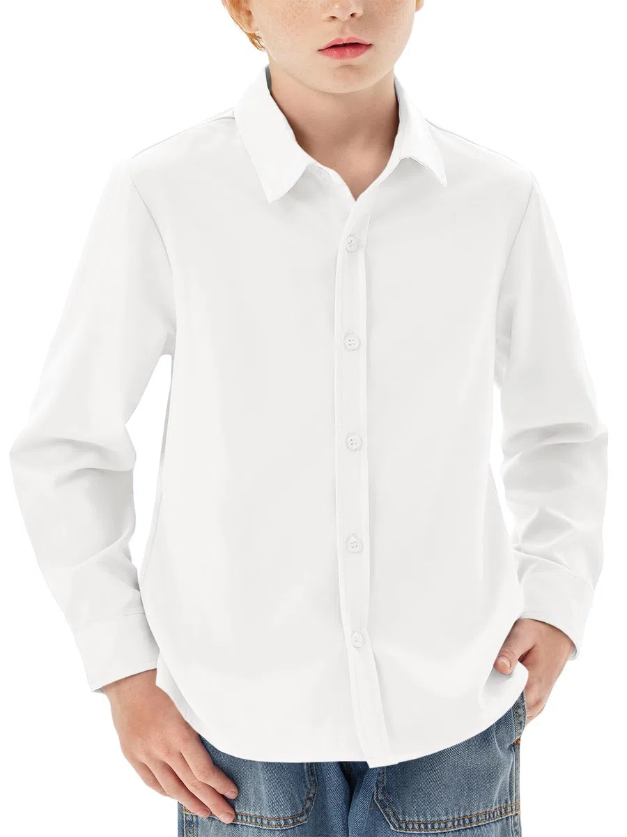 Haloumoning Camicia da ragazzo a maniche lunghe, vestibilità normale, casual, per il tempo libero, per feste, tinta unita, facile da stirare, formale