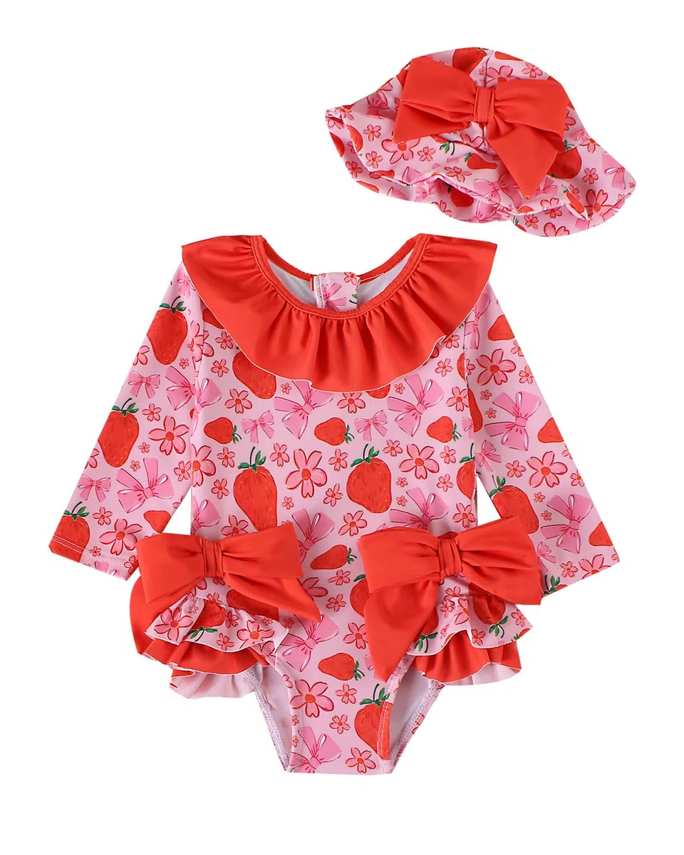 JiAmy Costume da bagno da bambina con cappello da sole, a maniche lunghe, protezione UV, per neonate, costume da bagno
