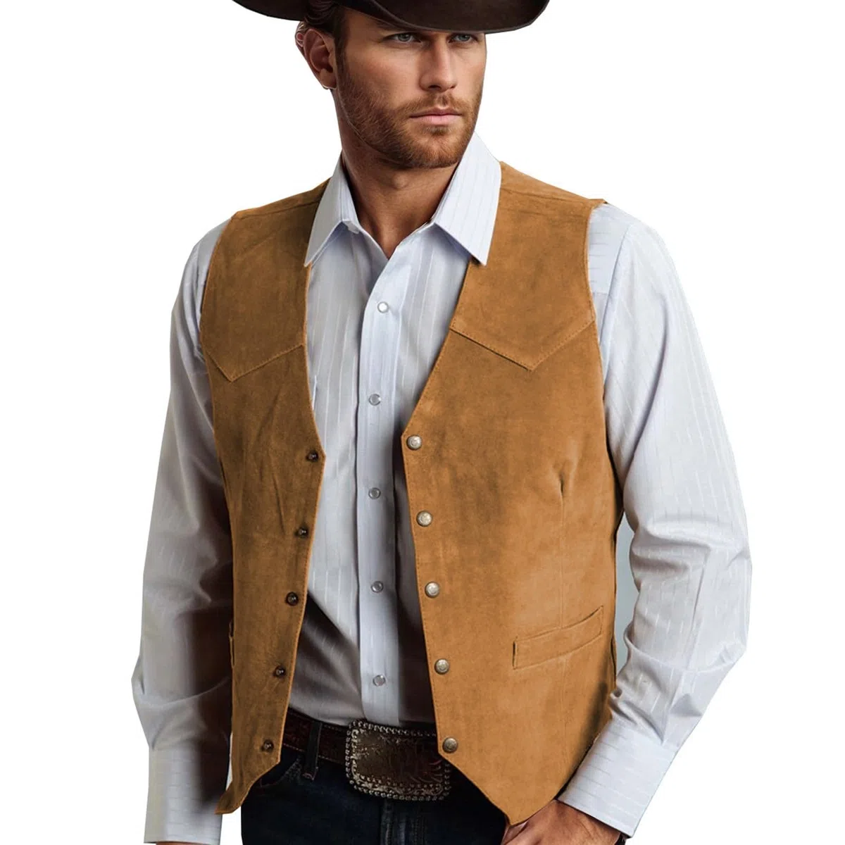 Generico Gilet Cowboy Uomo - Vintage Pelle Morbida Cowboy Western Classico Casual Scollo A V Senza Maniche Camoscio Gilet