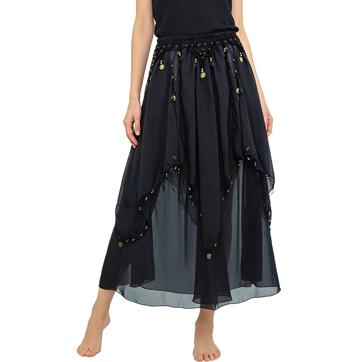 Baisdan Gonna Danza del Ventre in Chiffon con Monete Dorate, Gonna Lunga da Danza per Flamenco, Halloween, Carnevale e Spettacoli