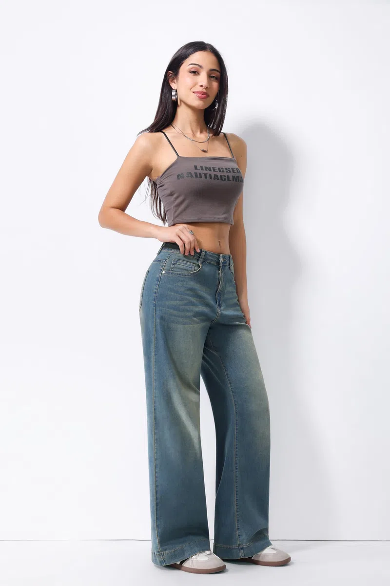 Jeans Donna Vita Alta Gamba Larga Denim Elasticizzato Lavaggio Chiaro Casual Streetwear Comodi