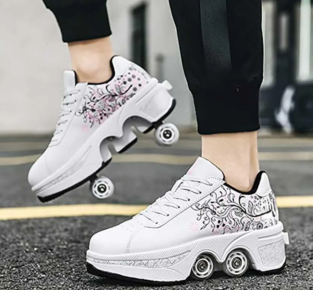Scarpe da ginnastica con ruote, per bambini, skateboard, scarpe da ginnastica multiuso 2 in 1 pattini, scarpe da ginnastica Quad Rued Sneakers alla moda, regalo di compleanno per bambini e ragazze