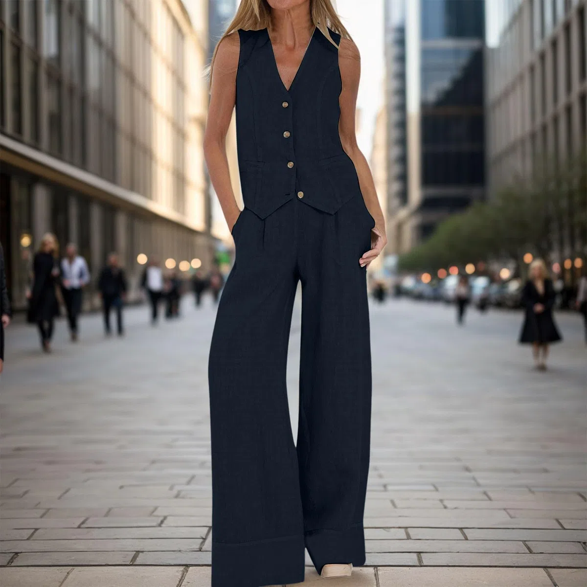 Generico Completo da Donna in 2 Pezzi in Cotone Casual con Gilet e Pantaloni Completi con Bottoni Senza Maniche Camicia e Pantaloni Dritti a Gamba Larga Tasche Blazer Completo Estivo Abbinato da