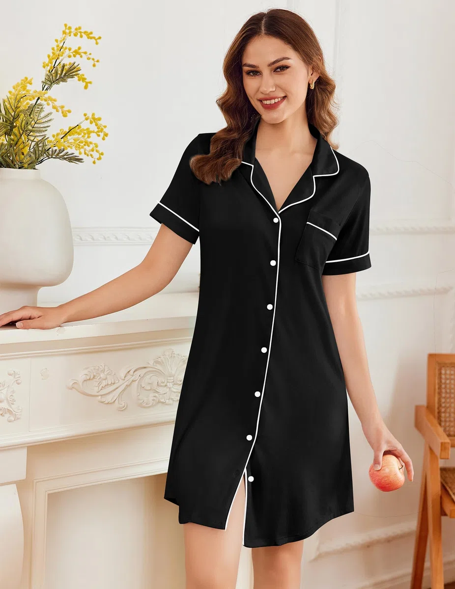 Ekouaer Camicia da Notte Donna Manica Corta Super Morbido e Leggero Bottone Scollo a V Classico Stile Boyfriend con Taschino sul Petto S-XXL