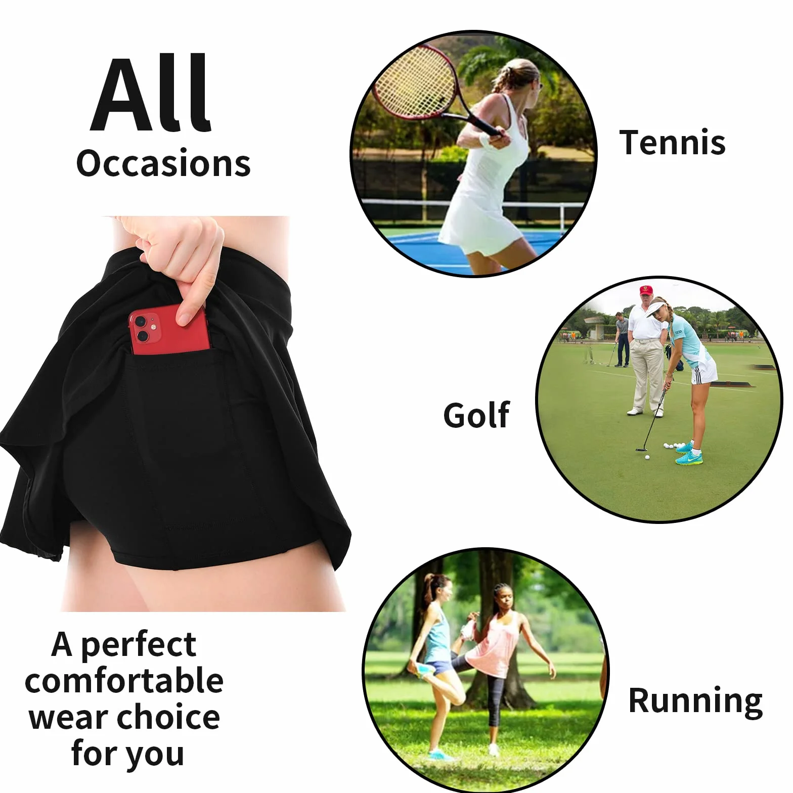 Donna Gonna Tennis con Pantaloncino e Tasca, 2 in 1 Plissettata Elastica Sportiva Mini Skirt Allenamento Corsa Yoga Golf Gonna Corta