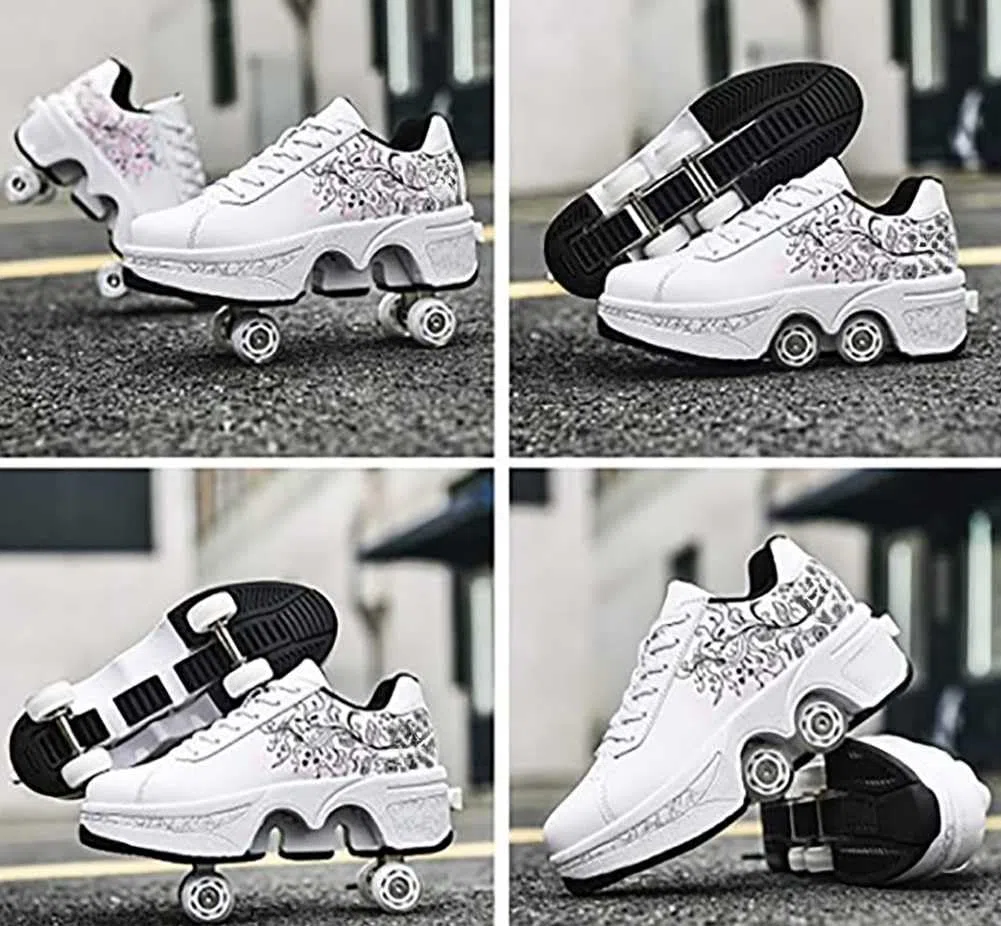 Scarpe da ginnastica con ruote, per bambini, skateboard, scarpe da ginnastica multiuso 2 in 1 pattini, scarpe da ginnastica Quad Rued Sneakers alla moda, regalo di compleanno per bambini e ragazze