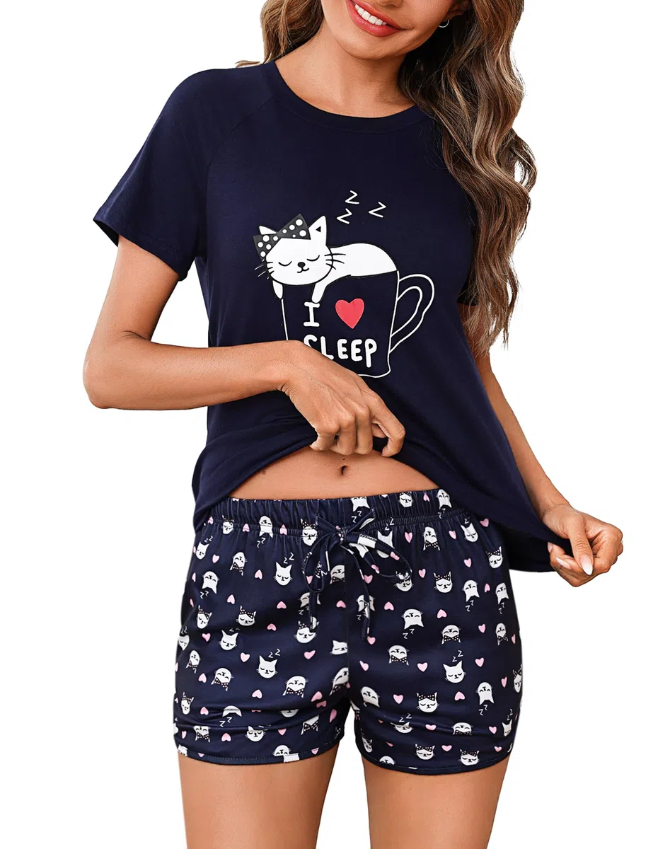 Bresdk Pigiama Donna Corto Estivo in Cotone Pigiami Due Pezzi con Maglietta a Maniche Corte e Pantaloncini Stampa Cuori, Morbido e con Tasche