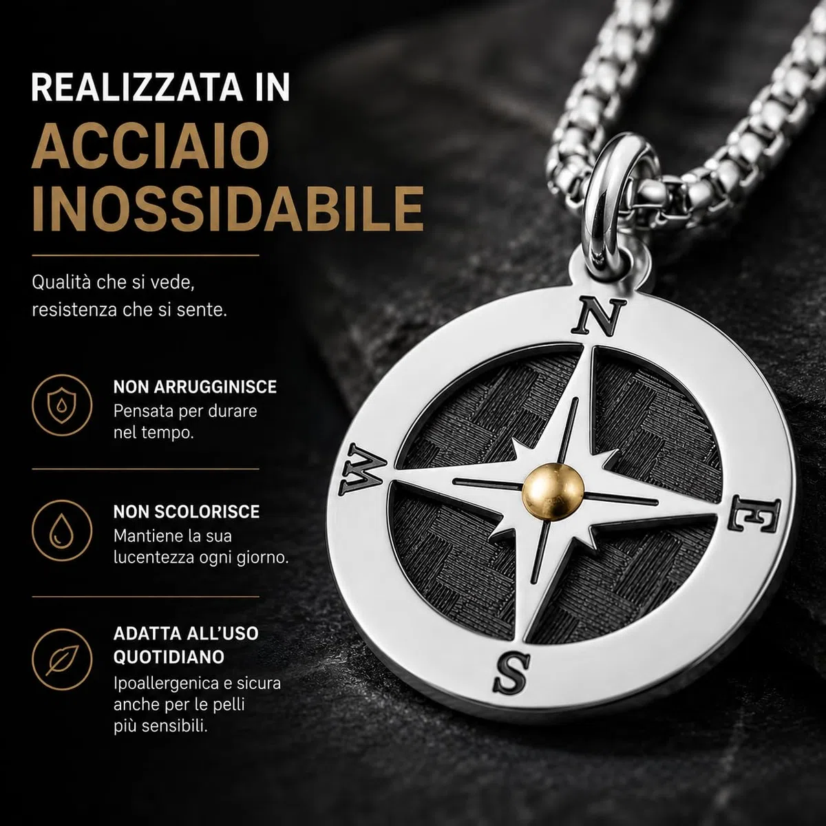 SAGA GIOIELLI Collana Uomo Rosa Dei Venti Acciaio Punto Dorato Festa Del Papà Cofezione Regalo