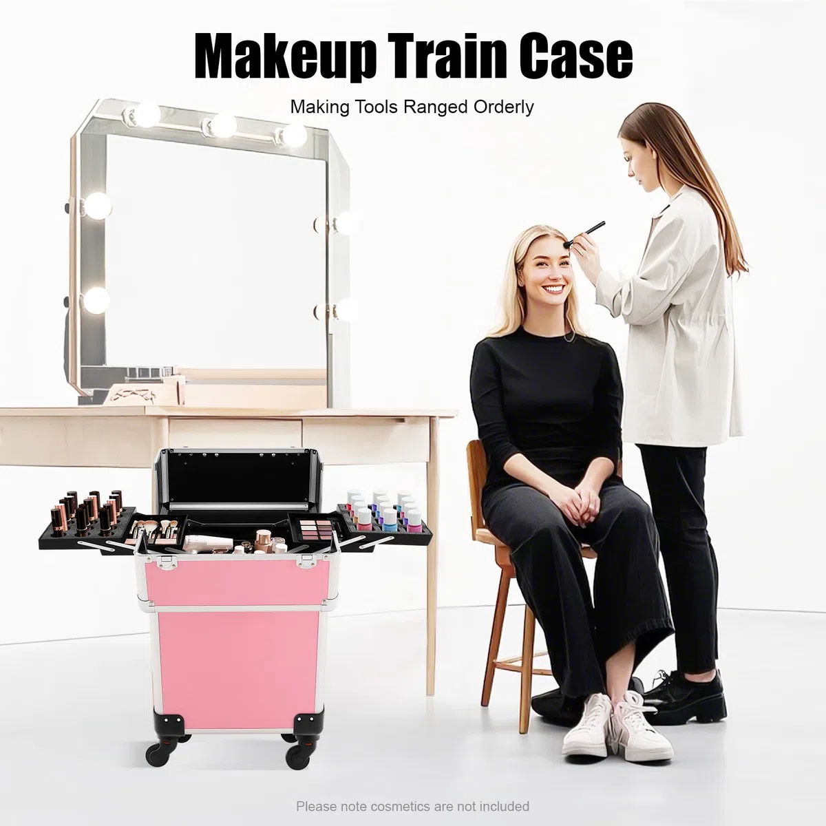 Rolling Trucco Trolley Valigia in Alluminio, Grande Capacità, Scomparti Rimovibili, Organizer Ottimale, Trolley Estensibile, Ideale per Viaggi, Lavoro, Salone di Bellezza, Artista, Rosa