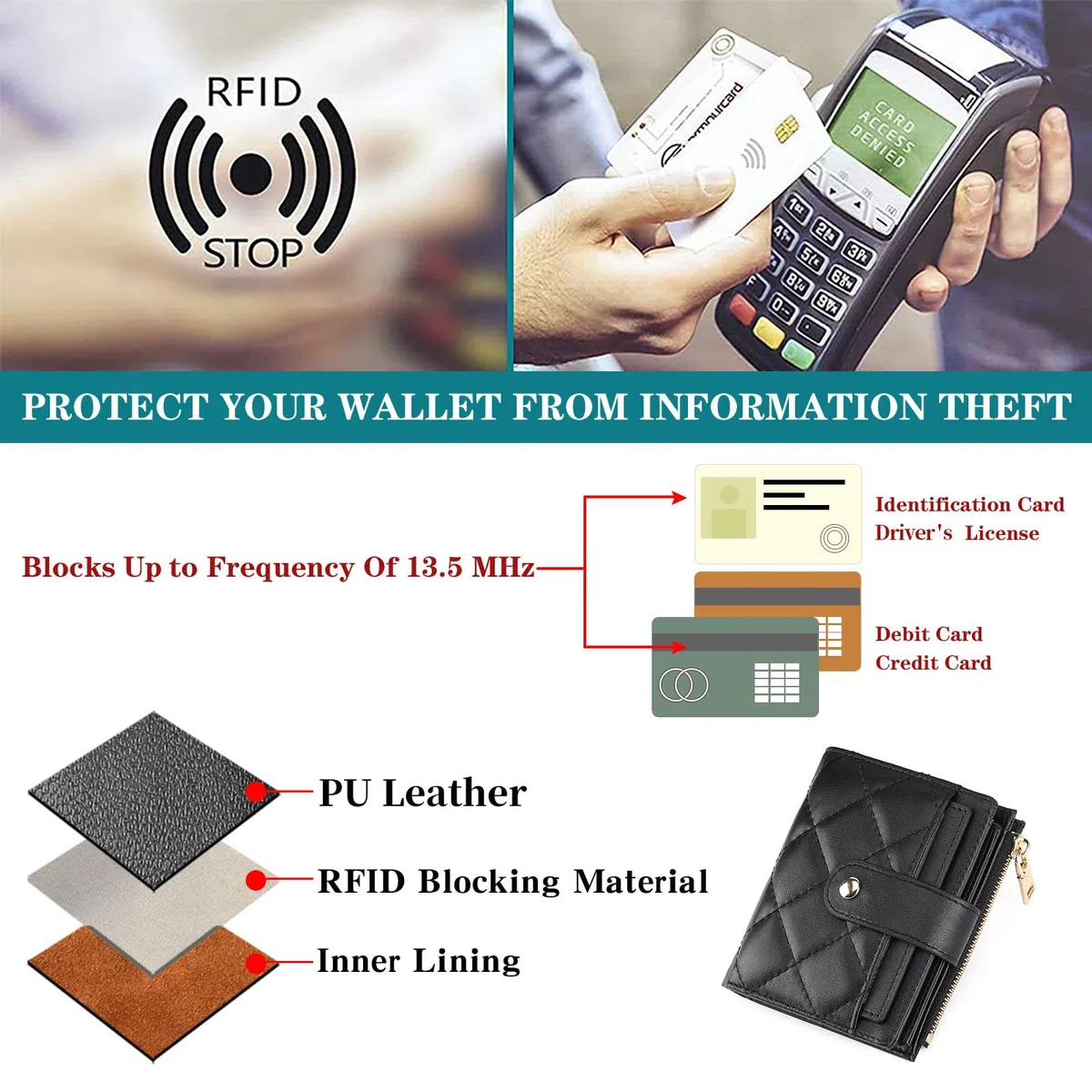 GAEKEAO Portafoglio Piccolo Donna, Portamonete Donna, Porta Carte con Finestra ID Rimovibile e Scomparto per Monete con Cerniera, Portafoglio in Pelle con Blocco RFID