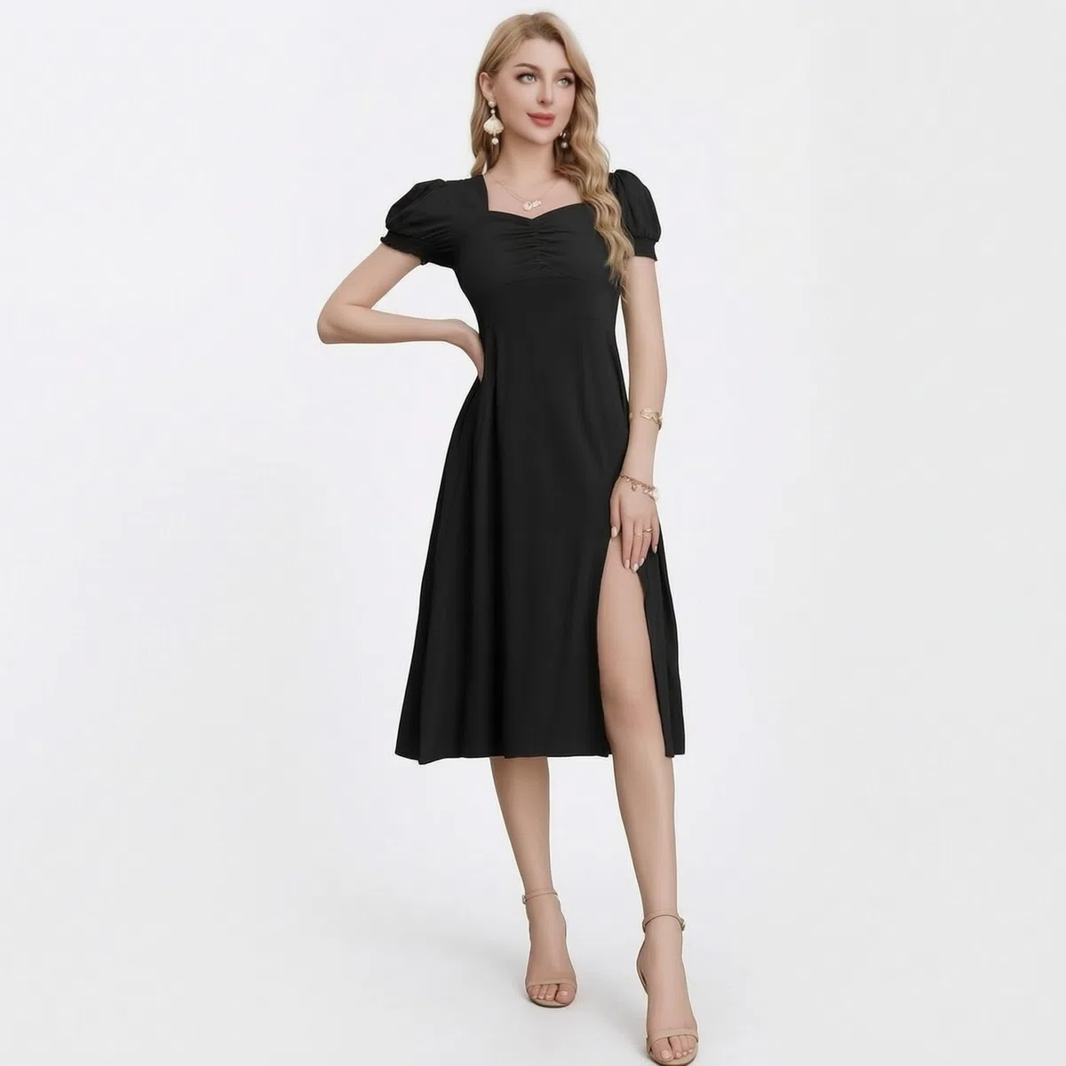 Vestiti Donna Estivi Eleganti Leggeri Manica Corta Vita Alta Abito Midi A Line con Scollo Quadrato e Spacco Laterale