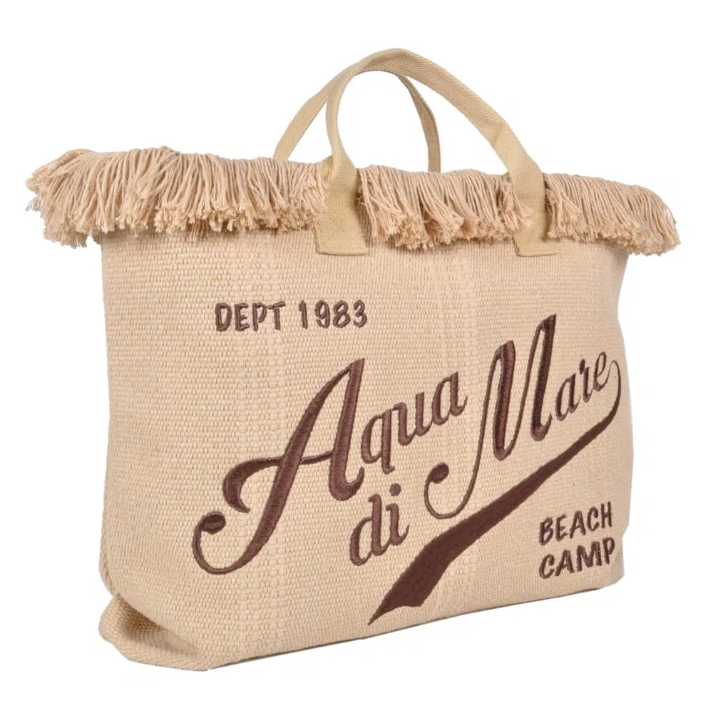 BORSA CON FRANGE E RICAMO GRANDE 100% PL AQUA DI MARE 22929 SENAPE