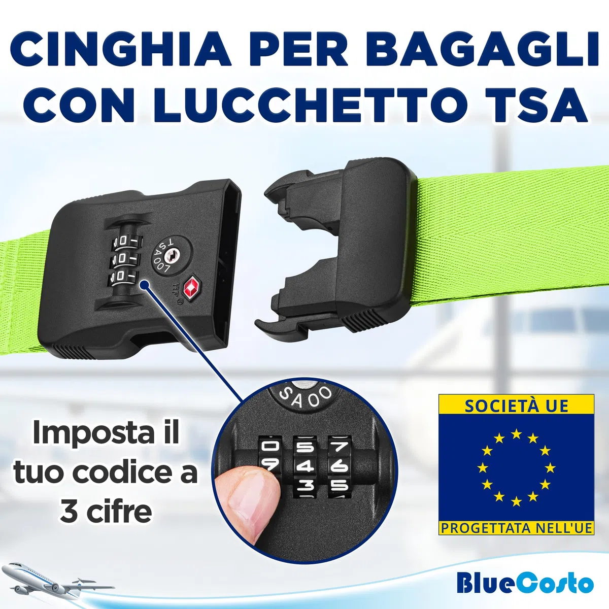BlueCosto - Cinghia per Bagagli con Lucchetto TSA - Regolabile da 2,2 a 4 m, Verde Neon - Cintura di Sicurezza per Valigia Approvata TSA con Serratura a Combinazione a 3 Cifre