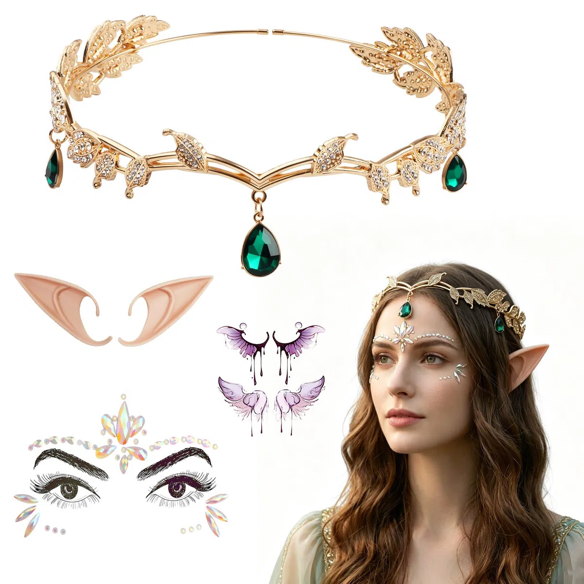 Corona da Elfo per Costume con 1 Paio di Orecchie da Elfo, Tatuaggi Temporanei Ali e Brillantini Adesivi Viso per Matrimoni Carnevale Cosplay Rinascimento