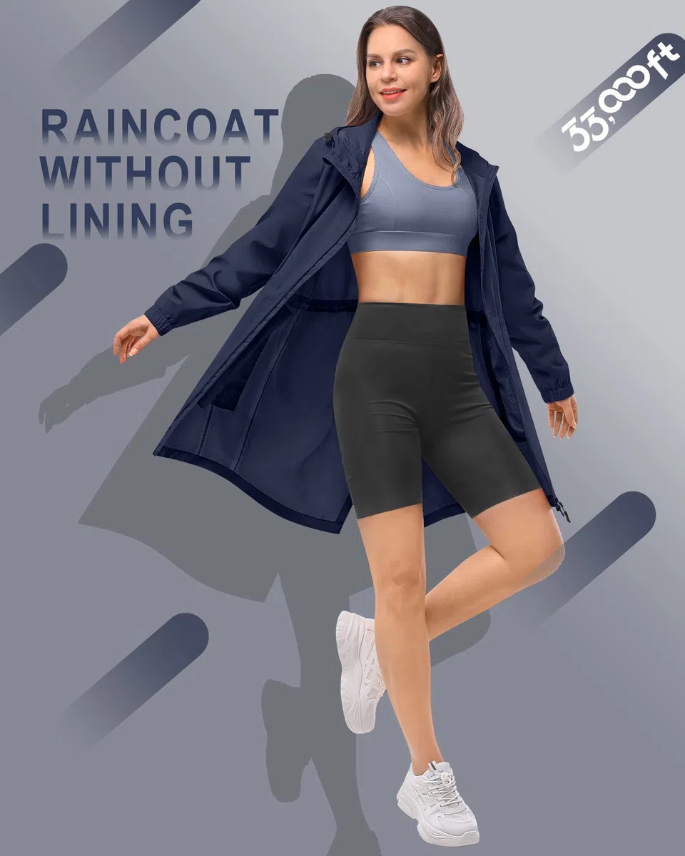 33,000ft Women's Rain Jacket Lightweight Hooded Long Rain Coat Waterproof Jacket Ladies Packable Functional Jacket Windbreaker Breathable Active Outdoor Coats