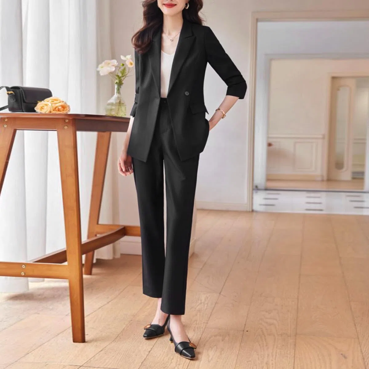 YYNUDA Set di 2 pezzi da donna vestito (con cintura) sartore/pantaloni slim fit a un bottone, abbigliamento business con tasche eleganti e quotidiane per quattro stagioni