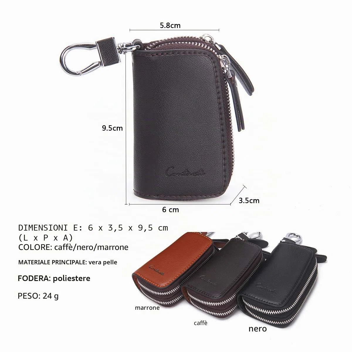 Contacts Portachiavi in pelle, unisex, grande, con 2 zip, in pelle, a portafoglio, per chiavi dell'auto