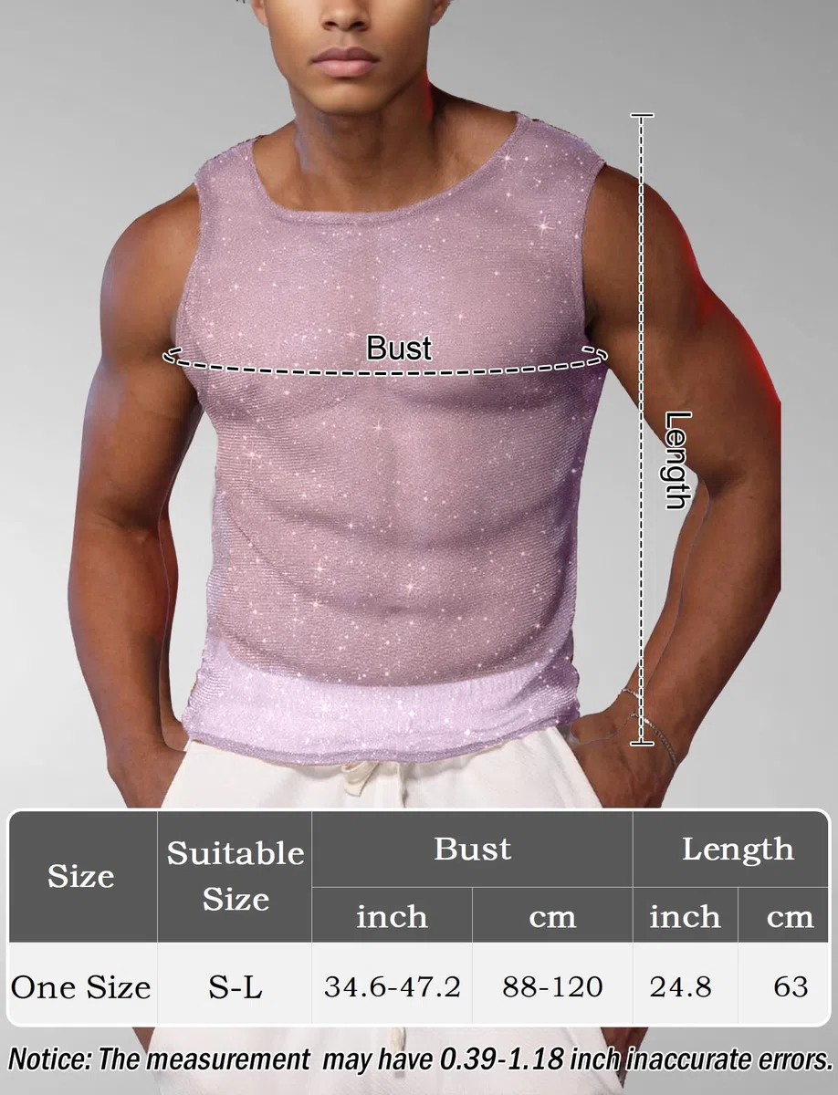 AIEOE Canottiera da uomo con brillantini, in rete trasparente, per la palestra, per il clubwear