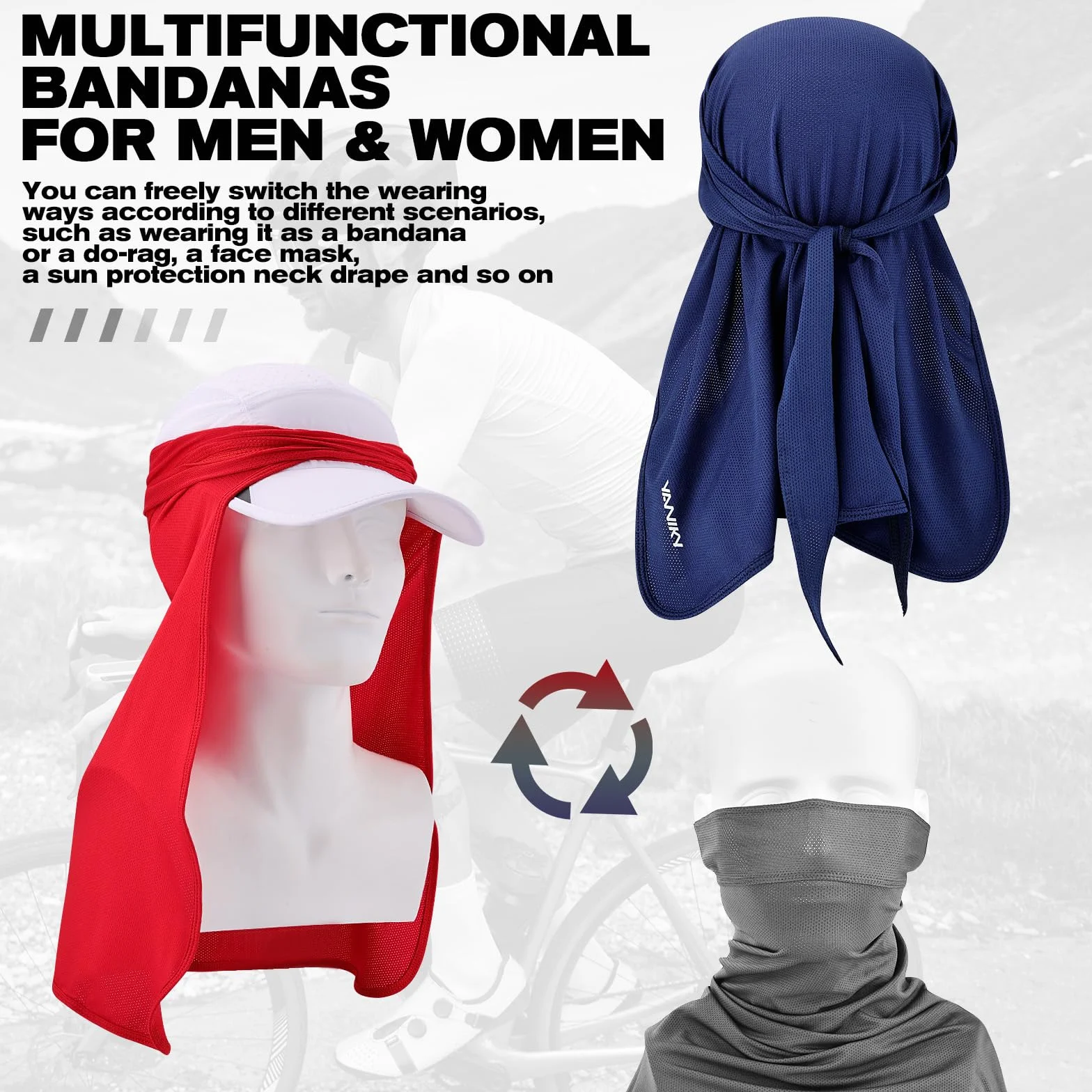 YANIKY Bandana Uomo – Traspirante Durag Face Donna Bandana Protezione testa e collo Bandana Cap Donna Multifunzione Foulard 3 in 1 Elastico Sport Bandana Bandana, protezione solare UV