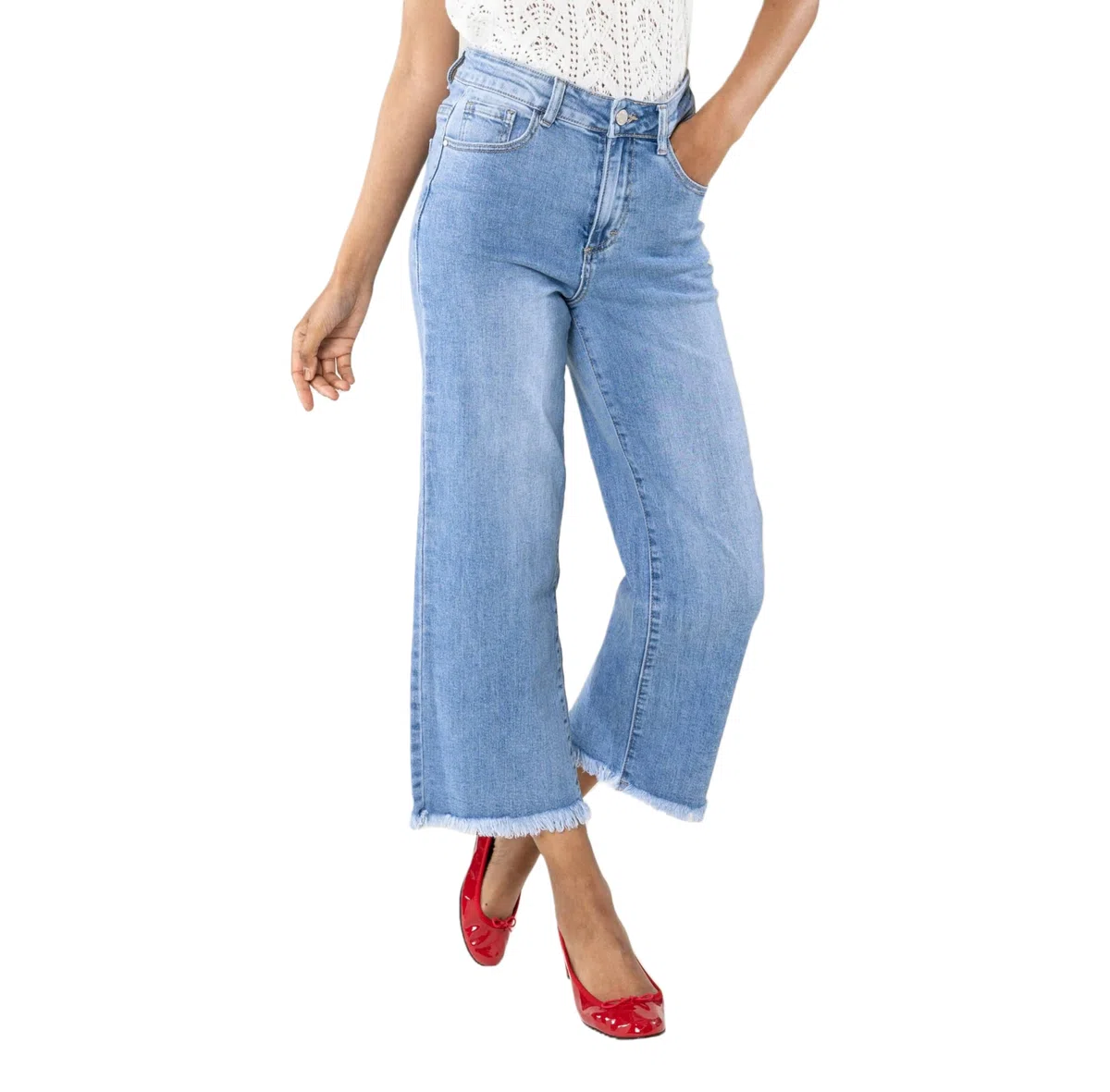 Nina Carter Q1850 Jeans da donna - 7/8 Cropped, vita alta, elasticizzati, svasati, look usato, sfilacciati