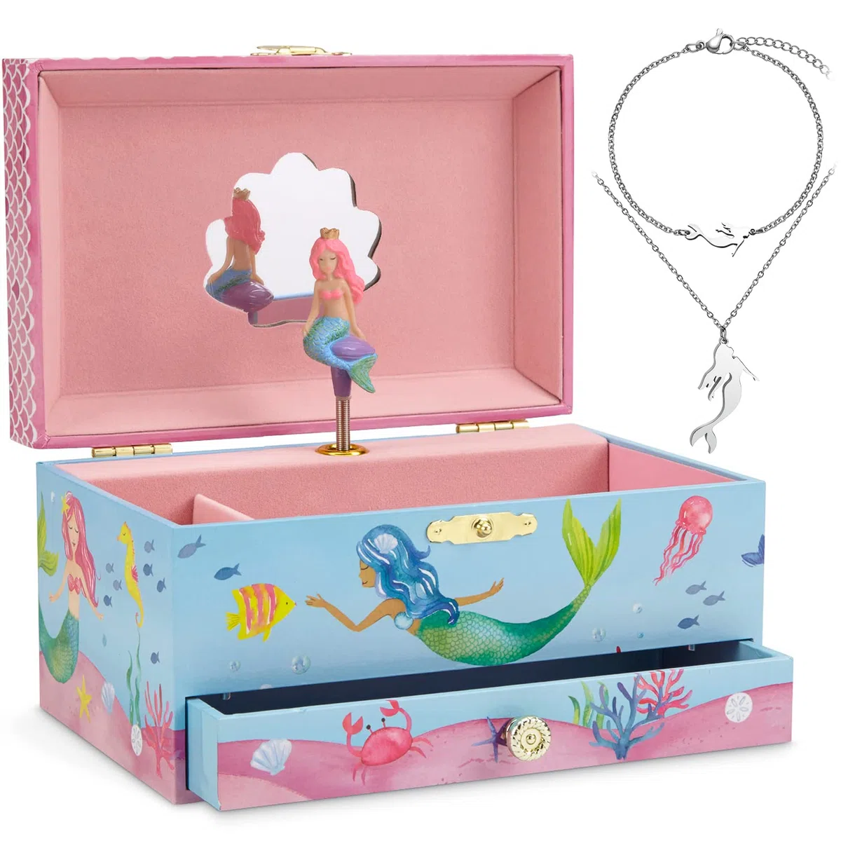 Jewelkeeper - Carillon portagioielli con Sirena e set di gioielli per bambine - 3 regali a tema sirena per ragazze