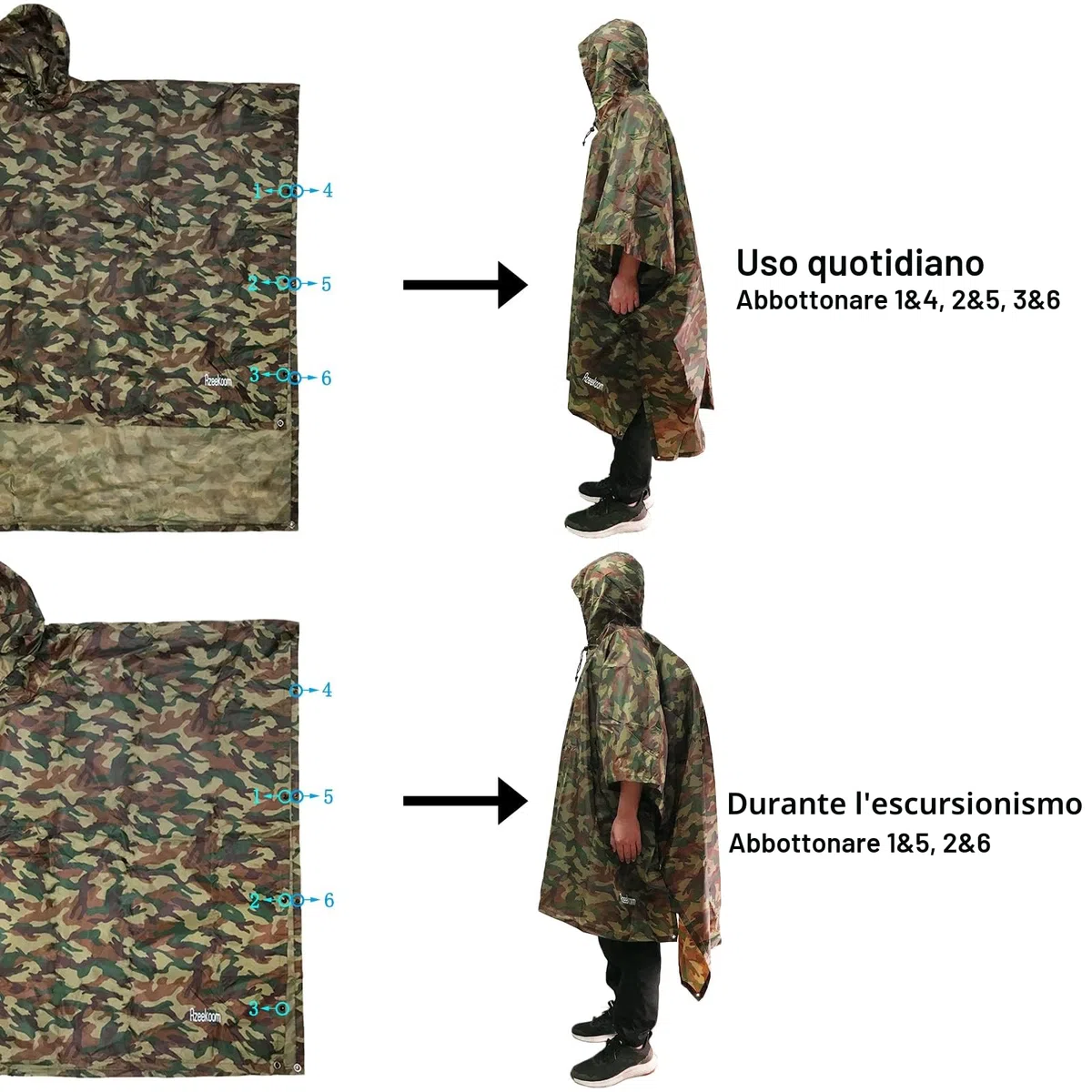 Poncho Impermeabile,Cappotto di Pioggia Poncho Leggero Multifunzionale con Cappuccio per Uomo Donna per Pesca, Campeggio, Escursioni