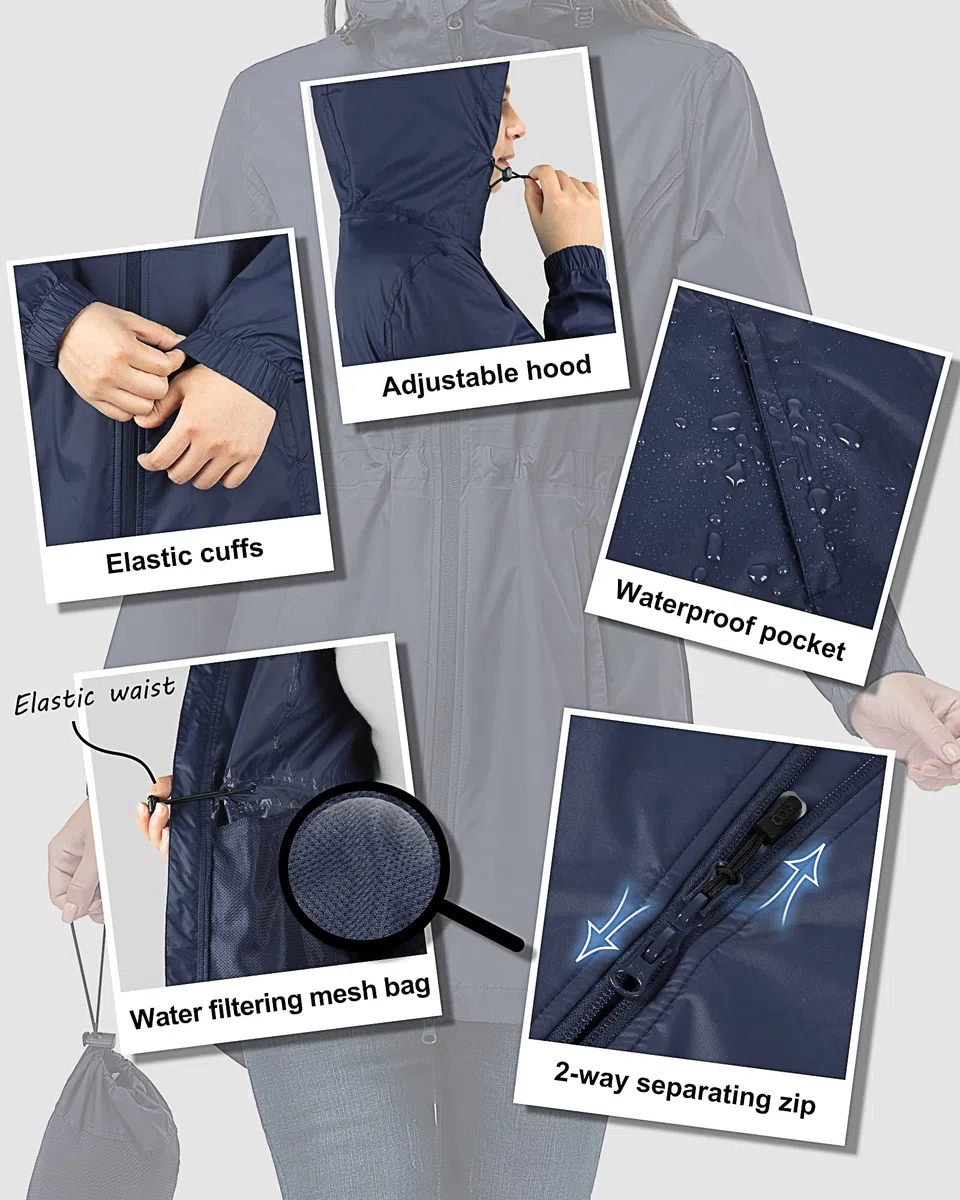 33,000ft Women's Rain Jacket Lightweight Hooded Long Rain Coat Waterproof Jacket Ladies Packable Functional Jacket Windbreaker Breathable Active Outdoor Coats