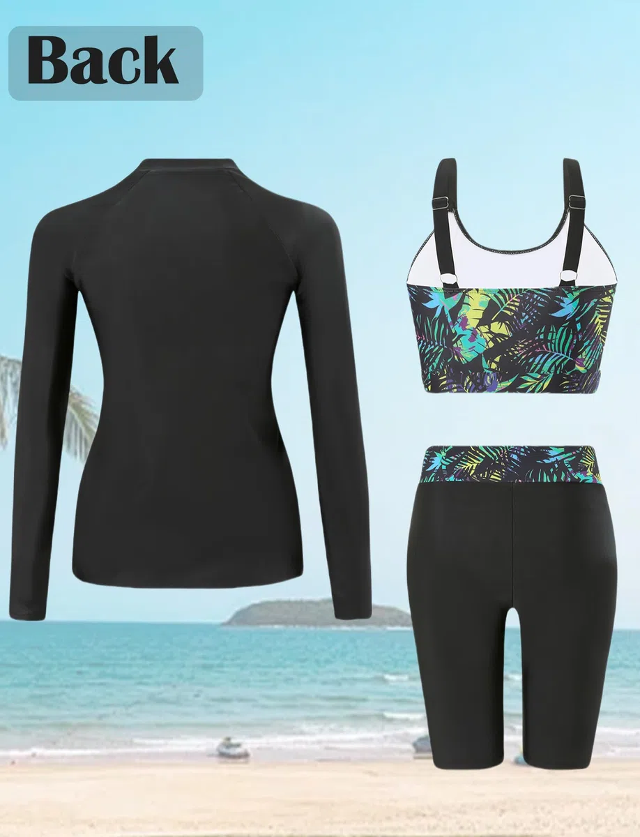Costume da bagno da donna, 3 pezzi, a maniche lunghe, Rash Guard, protezione solare con chiusura lampo, per surf, spiaggia, S-2XL