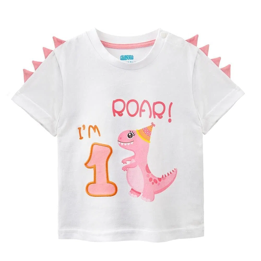 Maglietta 1°Compleanno Bambine T-Shirt Ragazze Dinosauro Manica Corta